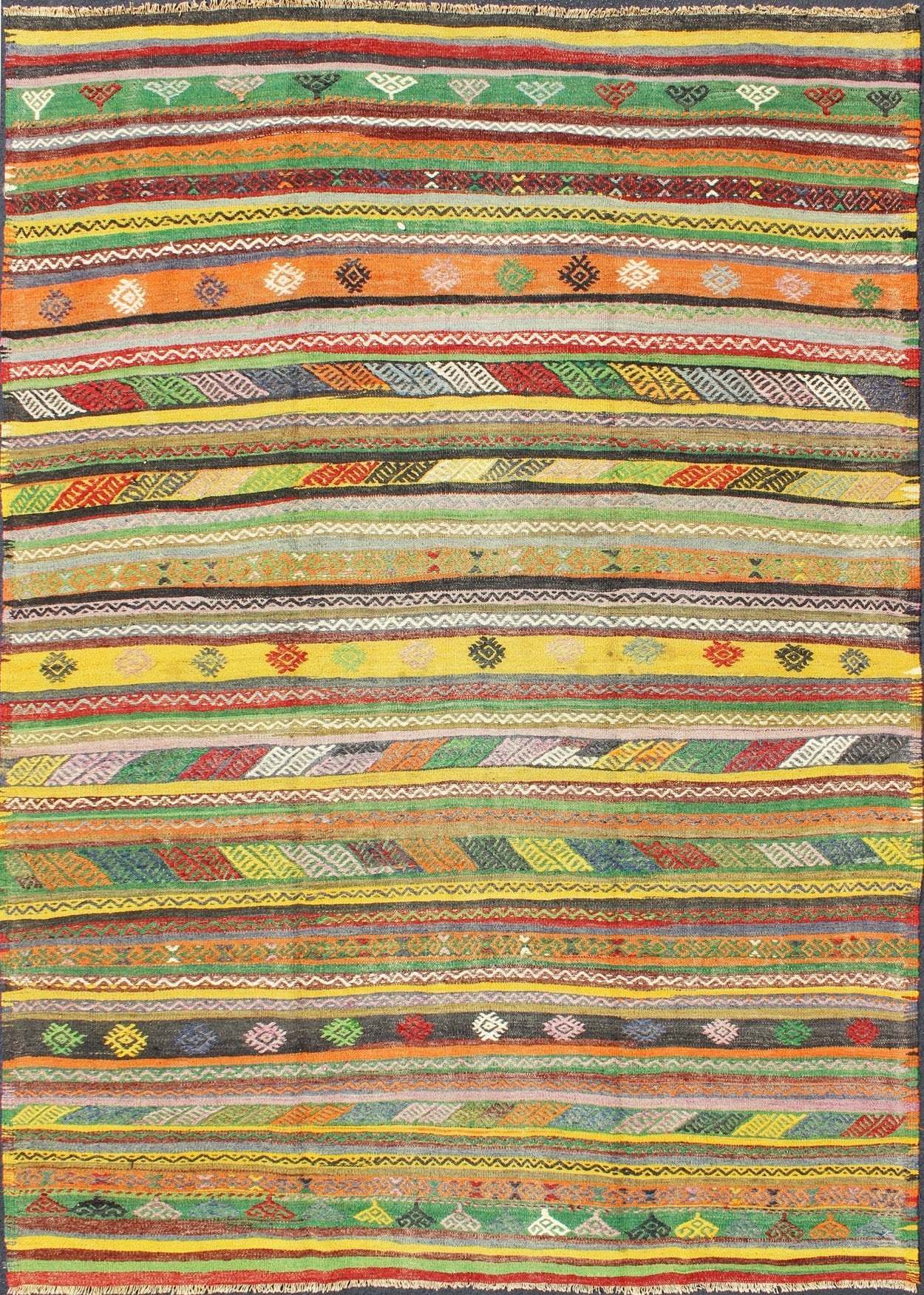 Vintage Turkish Kilim Rug with Colorful Stripe and Diamond Motif Designs. Keivan Woven Arts / rug /TU - NED - 105, country of origin / type: Turkey / Kilim, circa 1950's Measures: 6'1 x 9'1. This exciting and colorful striped vintage Kilim from 1950... - Keivan Woven ArtsTU - NED - 105 - 3520Rug
