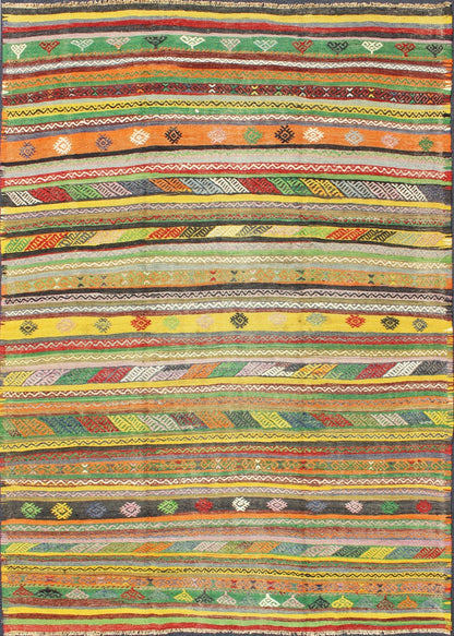 Vintage Turkish Kilim Rug with Colorful Stripe and Diamond Motif Designs. Keivan Woven Arts / rug /TU - NED - 105, country of origin / type: Turkey / Kilim, circa 1950's Measures: 6'1 x 9'1. This exciting and colorful striped vintage Kilim from 1950... - Keivan Woven ArtsTU - NED - 105 - 3520Rug