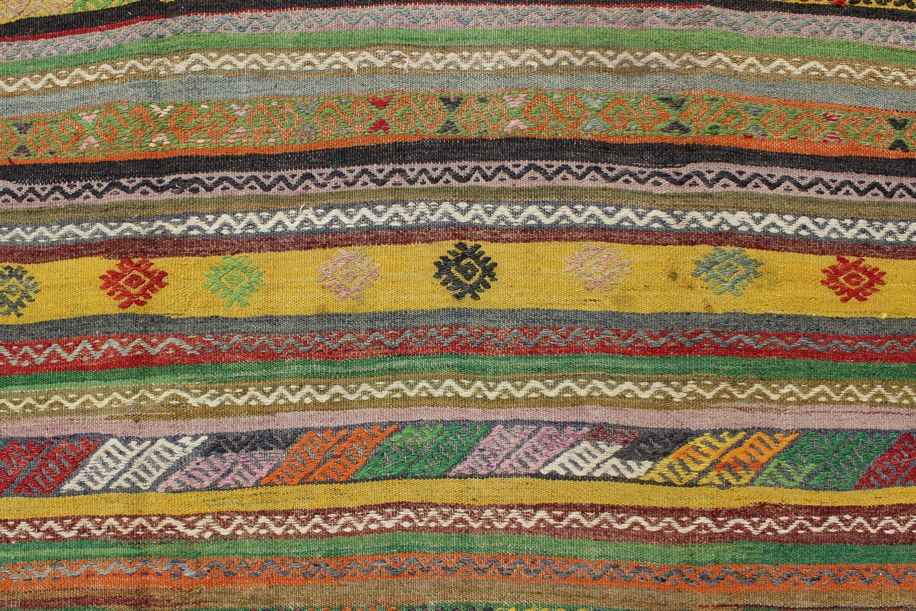 Vintage Turkish Kilim Rug with Colorful Stripe and Diamond Motif Designs. Keivan Woven Arts / rug /TU - NED - 105, country of origin / type: Turkey / Kilim, circa 1950's Measures: 6'1 x 9'1. This exciting and colorful striped vintage Kilim from 1950... - Keivan Woven ArtsTU - NED - 105 - 3520Rug