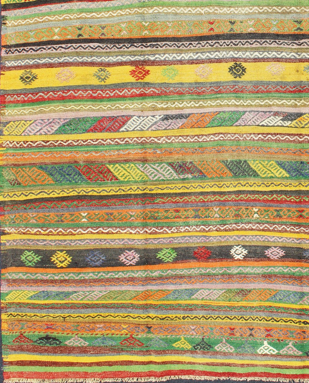 Vintage Turkish Kilim Rug with Colorful Stripe and Diamond Motif Designs. Keivan Woven Arts / rug /TU - NED - 105, country of origin / type: Turkey / Kilim, circa 1950's Measures: 6'1 x 9'1. This exciting and colorful striped vintage Kilim from 1950... - Keivan Woven ArtsTU - NED - 105 - 3520Rug