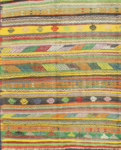 Vintage Turkish Kilim Rug with Colorful Stripe and Diamond Motif Designs. Keivan Woven Arts / rug /TU - NED - 105, country of origin / type: Turkey / Kilim, circa 1950's Measures: 6'1 x 9'1. This exciting and colorful striped vintage Kilim from 1950... - Keivan Woven ArtsTU - NED - 105 - 3520Rug