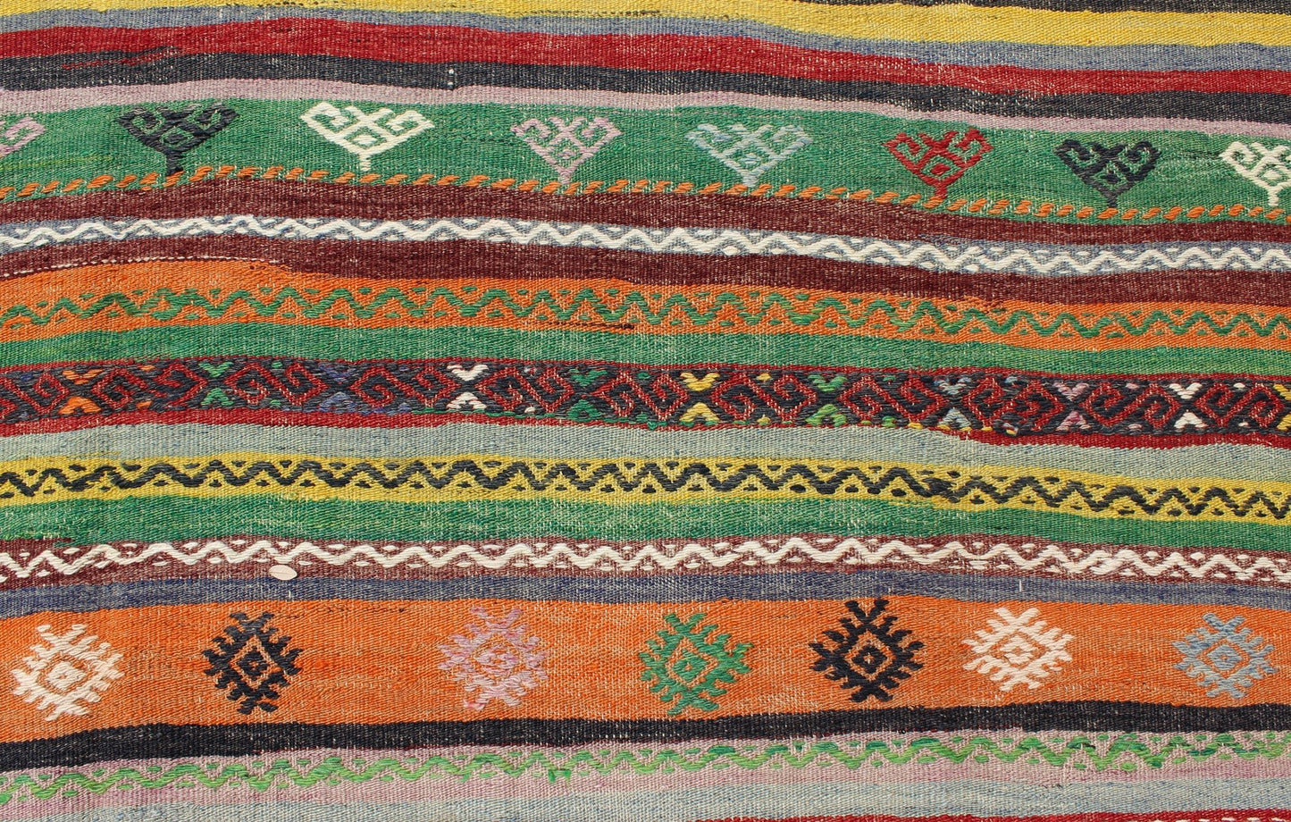 Vintage Turkish Kilim Rug with Colorful Stripe and Diamond Motif Designs. Keivan Woven Arts / rug /TU - NED - 105, country of origin / type: Turkey / Kilim, circa 1950's Measures: 6'1 x 9'1. This exciting and colorful striped vintage Kilim from 1950... - Keivan Woven ArtsTU - NED - 105 - 3520Rug