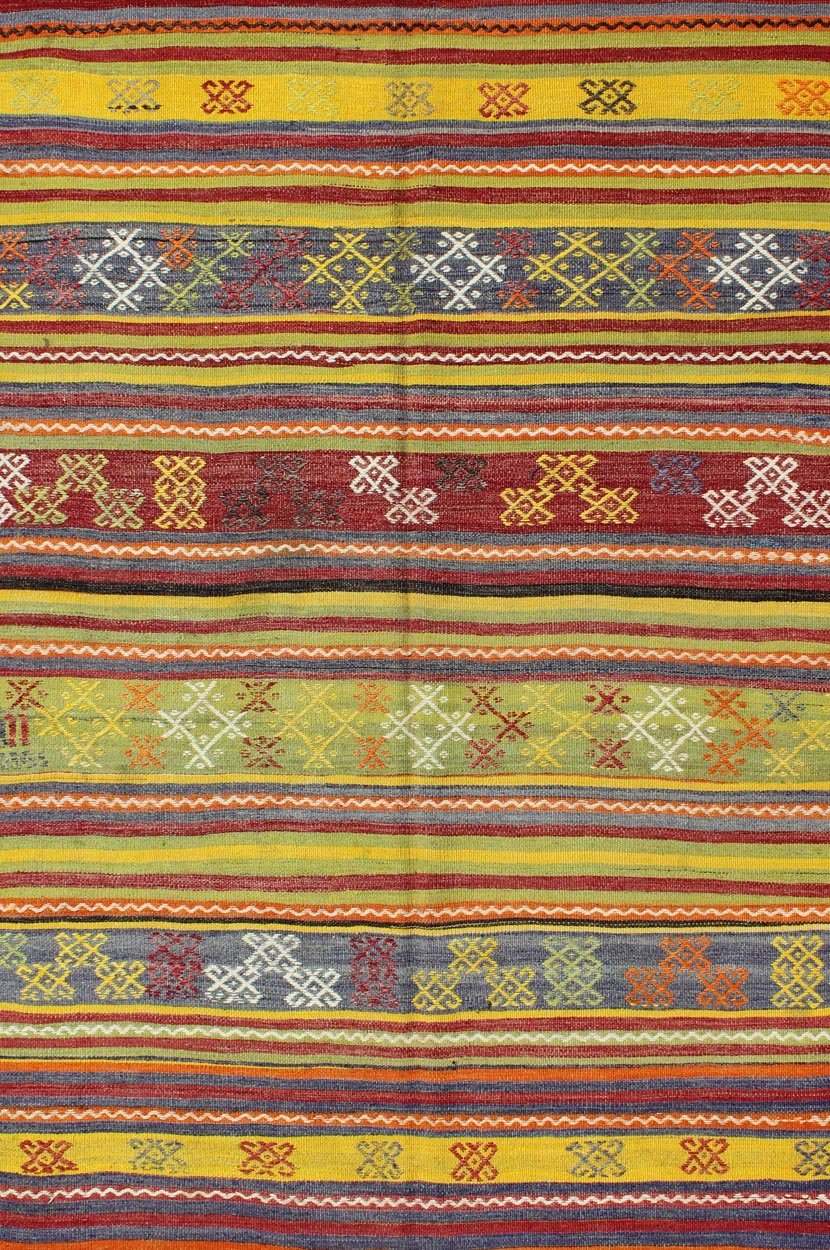 Colorful Vintage Turkish Kilim with bright green, yellow and colorful design. Keivan Woven Arts / rug TU - NED - 107, country of origin / type: Turkey / Kilim, circa mid - 20th century Measures: 5'5 x 7'10. This gorgeous vintage Kilim features geometri... - Keivan Woven ArtsTU - NED - 107 - 3526Rug