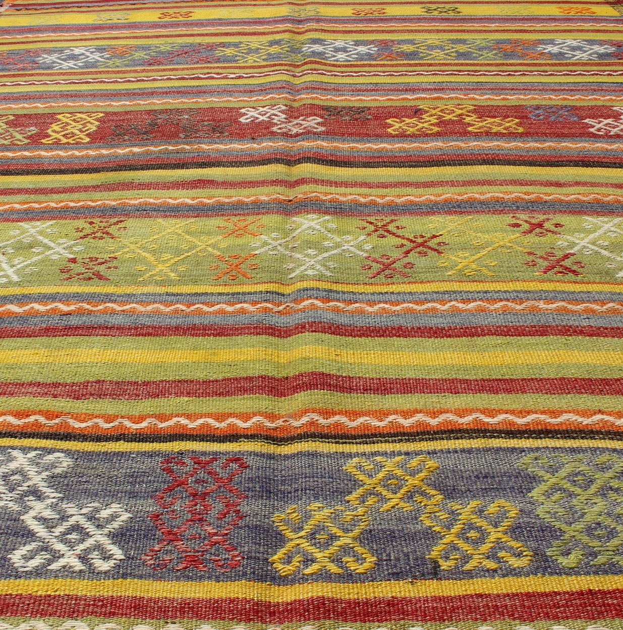 Colorful Vintage Turkish Kilim with bright green, yellow and colorful design. Keivan Woven Arts / rug TU - NED - 107, country of origin / type: Turkey / Kilim, circa mid - 20th century Measures: 5'5 x 7'10. This gorgeous vintage Kilim features geometri... - Keivan Woven ArtsTU - NED - 107 - 3526Rug