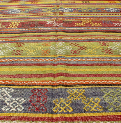 Colorful Vintage Turkish Kilim with bright green, yellow and colorful design. Keivan Woven Arts / rug TU - NED - 107, country of origin / type: Turkey / Kilim, circa mid - 20th century Measures: 5'5 x 7'10. This gorgeous vintage Kilim features geometri... - Keivan Woven ArtsTU - NED - 107 - 3526Rug