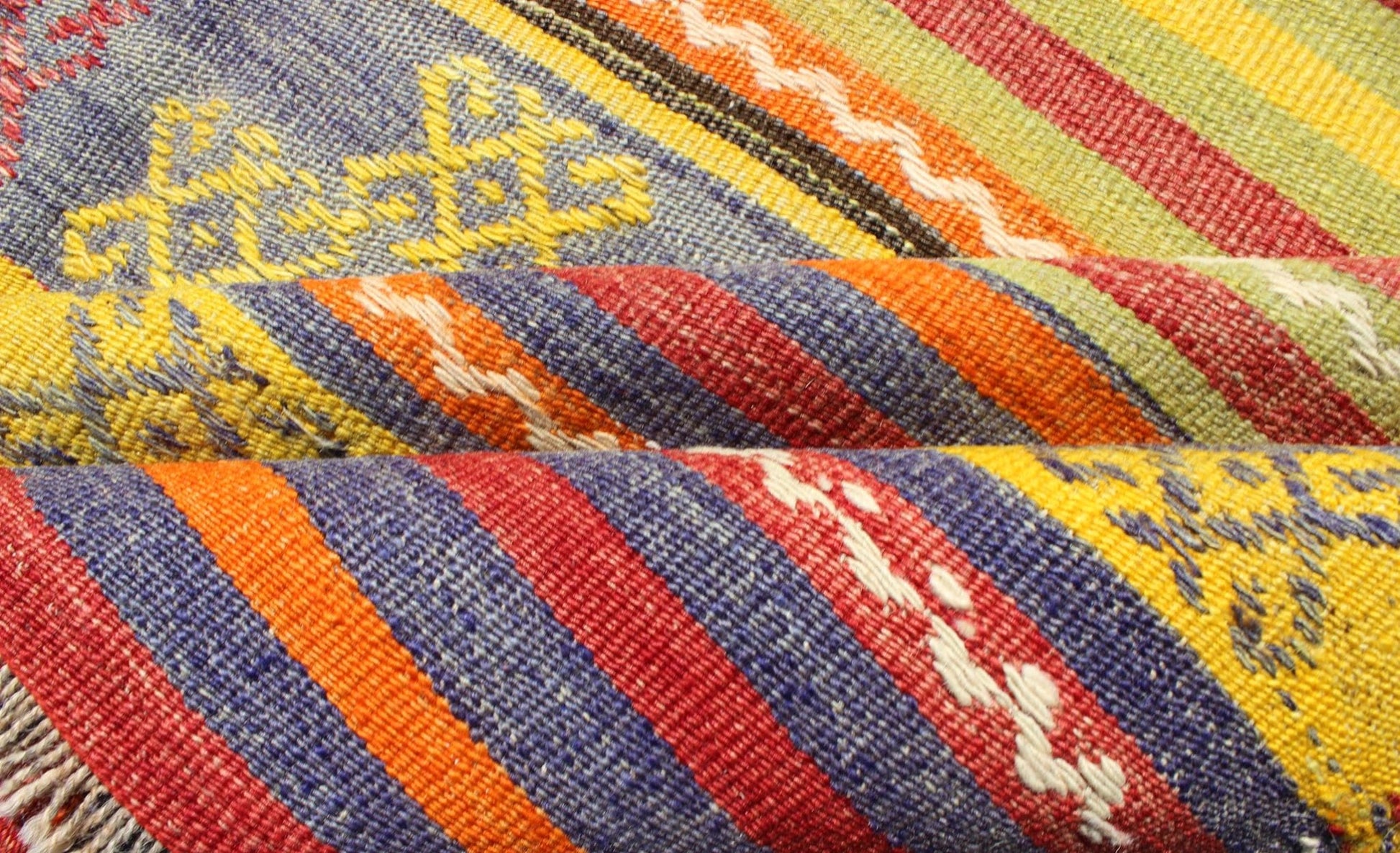 Colorful Vintage Turkish Kilim with bright green, yellow and colorful design. Keivan Woven Arts / rug TU - NED - 107, country of origin / type: Turkey / Kilim, circa mid - 20th century Measures: 5'5 x 7'10. This gorgeous vintage Kilim features geometri... - Keivan Woven ArtsTU - NED - 107 - 3526Rug