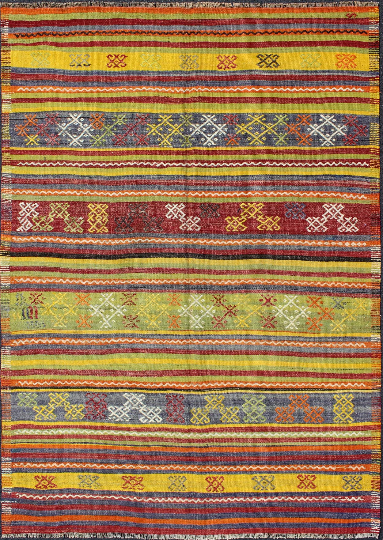 Colorful Vintage Turkish Kilim with bright green, yellow and colorful design. Keivan Woven Arts / rug TU - NED - 107, country of origin / type: Turkey / Kilim, circa mid - 20th century Measures: 5'5 x 7'10. This gorgeous vintage Kilim features geometri... - Keivan Woven ArtsTU - NED - 107 - 3526Rug