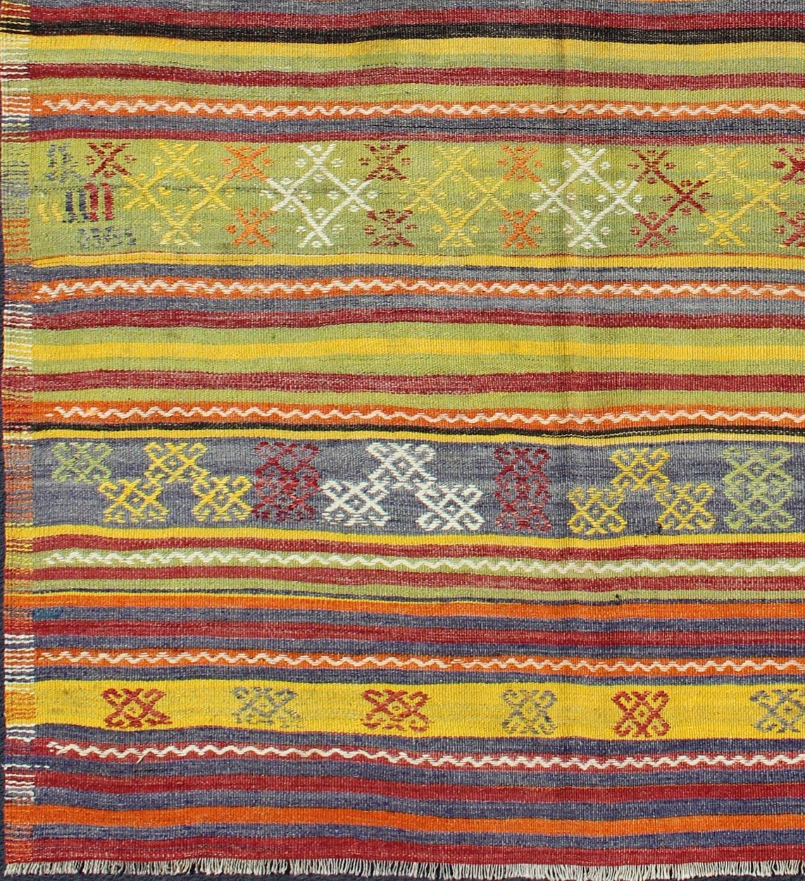 Colorful Vintage Turkish Kilim with bright green, yellow and colorful design. Keivan Woven Arts / rug TU - NED - 107, country of origin / type: Turkey / Kilim, circa mid - 20th century Measures: 5'5 x 7'10. This gorgeous vintage Kilim features geometri... - Keivan Woven ArtsTU - NED - 107 - 3526Rug