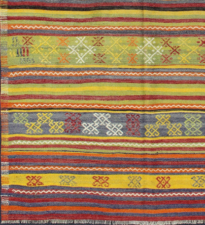 Colorful Vintage Turkish Kilim with bright green, yellow and colorful design. Keivan Woven Arts / rug TU - NED - 107, country of origin / type: Turkey / Kilim, circa mid - 20th century Measures: 5'5 x 7'10. This gorgeous vintage Kilim features geometri... - Keivan Woven ArtsTU - NED - 107 - 3526Rug