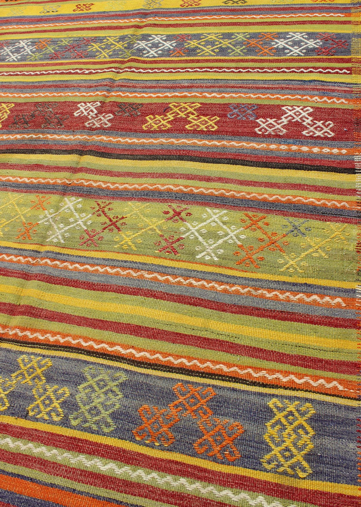 Colorful Vintage Turkish Kilim with bright green, yellow and colorful design. Keivan Woven Arts / rug TU - NED - 107, country of origin / type: Turkey / Kilim, circa mid - 20th century Measures: 5'5 x 7'10. This gorgeous vintage Kilim features geometri... - Keivan Woven ArtsTU - NED - 107 - 3526Rug