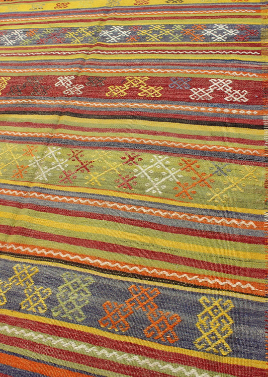 Colorful Vintage Turkish Kilim with bright green, yellow and colorful design. Keivan Woven Arts / rug TU - NED - 107, country of origin / type: Turkey / Kilim, circa mid - 20th century Measures: 5'5 x 7'10. This gorgeous vintage Kilim features geometri... - Keivan Woven ArtsTU - NED - 107 - 3526Rug