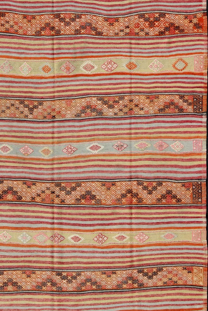 Turkish Kilim Vintage Rug with Assorted Stripe Design in a Variety of Colors Vintage Turkish Kilim Rug, rug TU - NED - 110, country of origin / type: Turkey / Kilim, circa Mid - 20th century Measures: 6'5 x 11'5. Featuring a repeating ho... - Keivan Woven ArtsTU - NED - 110 - 3532Rug