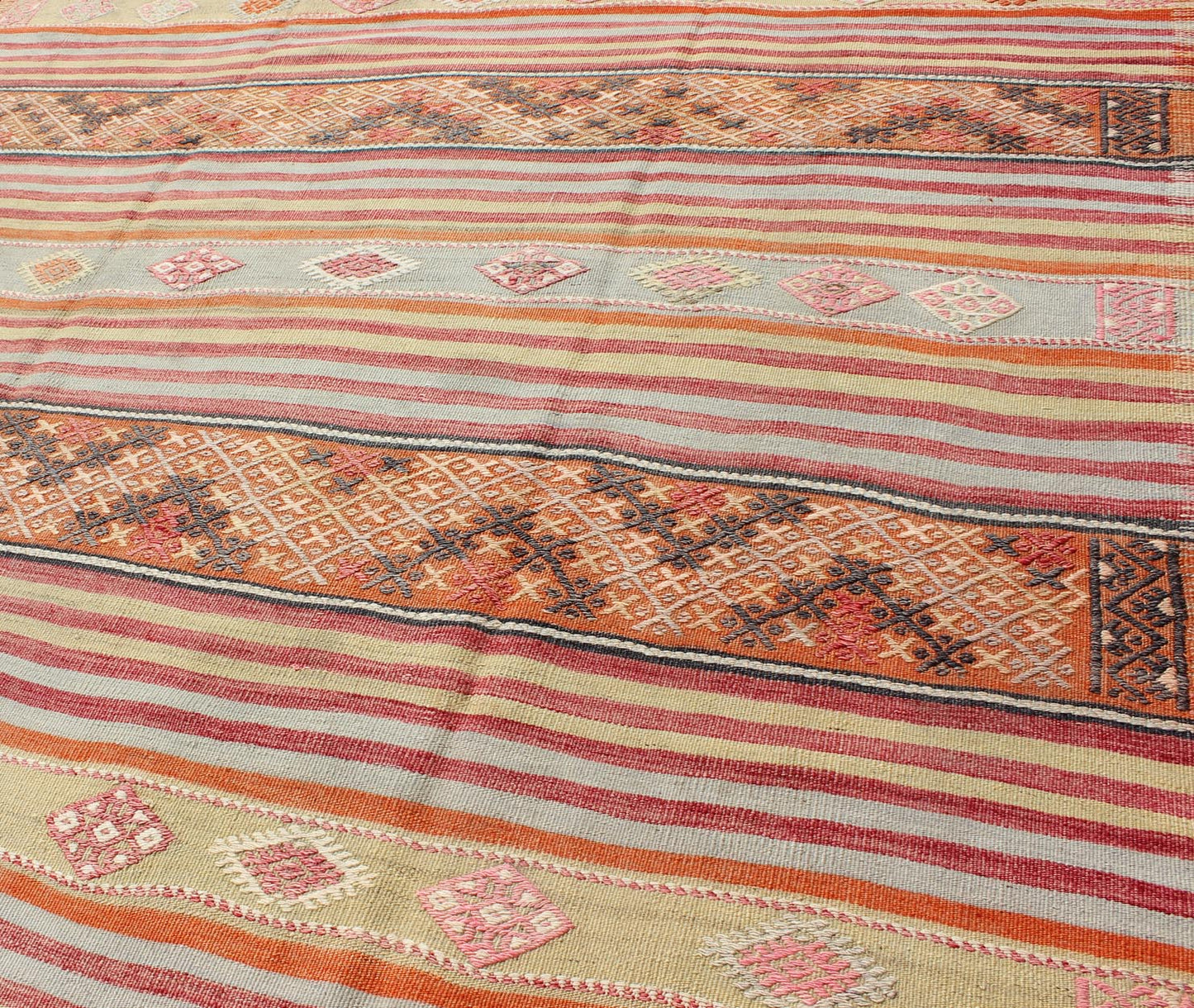 Turkish Kilim Vintage Rug with Assorted Stripe Design in a Variety of Colors Vintage Turkish Kilim Rug, rug TU - NED - 110, country of origin / type: Turkey / Kilim, circa Mid - 20th century Measures: 6'5 x 11'5. Featuring a repeating ho... - Keivan Woven ArtsTU - NED - 110 - 3532Rug