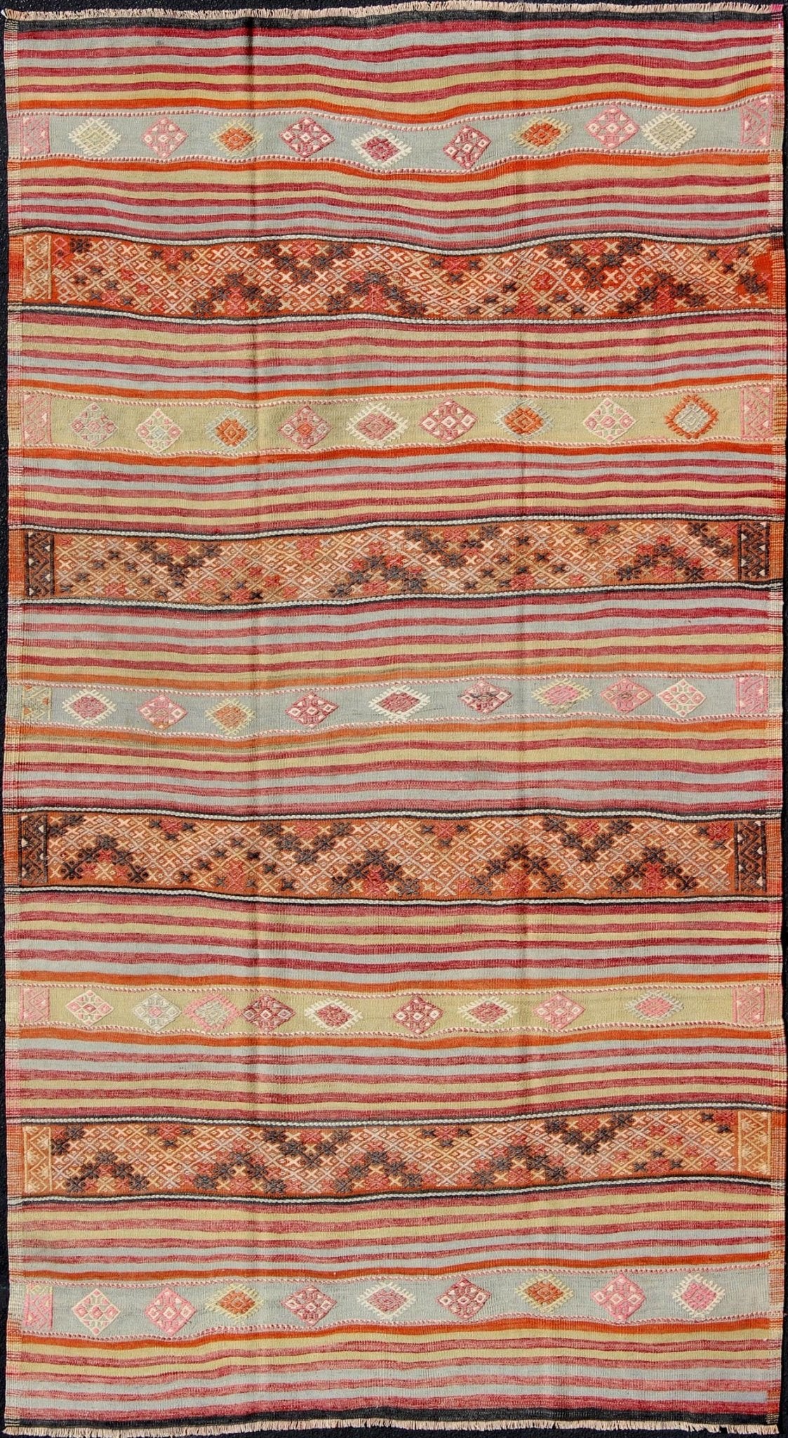 Turkish Kilim Vintage Rug with Assorted Stripe Design in a Variety of Colors Vintage Turkish Kilim Rug, rug TU - NED - 110, country of origin / type: Turkey / Kilim, circa Mid - 20th century Measures: 6'5 x 11'5. Featuring a repeating ho... - Keivan Woven ArtsTU - NED - 110 - 3532Rug