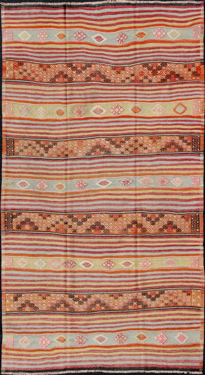 Turkish Kilim Vintage Rug with Assorted Stripe Design in a Variety of Colors Vintage Turkish Kilim Rug, rug TU - NED - 110, country of origin / type: Turkey / Kilim, circa Mid - 20th century Measures: 6'5 x 11'5. Featuring a repeating ho... - Keivan Woven ArtsTU - NED - 110 - 3532Rug