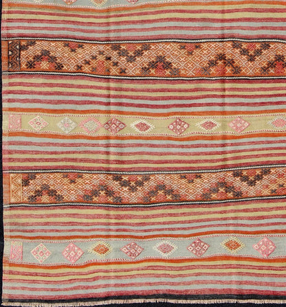Turkish Kilim Vintage Rug with Assorted Stripe Design in a Variety of Colors Vintage Turkish Kilim Rug, rug TU - NED - 110, country of origin / type: Turkey / Kilim, circa Mid - 20th century Measures: 6'5 x 11'5. Featuring a repeating ho... - Keivan Woven ArtsTU - NED - 110 - 3532Rug