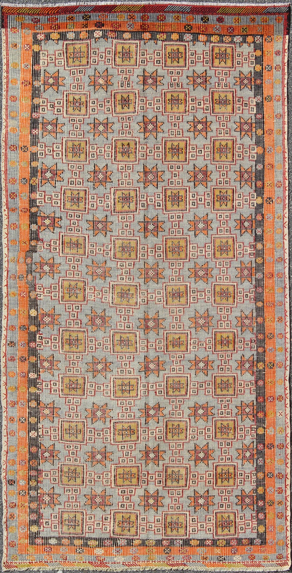 Long Kilim rug geometric vintage Turkish Kilim rug with colorful all - over star design. Keivan Woven Arts / rug TU - NED - 1111, country of origin / type: Turkey / Oushak, circa 1950 Featuring an all - over design of stars and boxes with a spotted and ... - Keivan Woven ArtsTU - NED - 1111 - 9182Rug