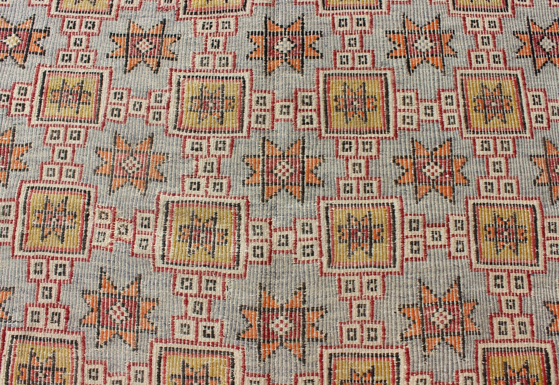 Long Kilim rug geometric vintage Turkish Kilim rug with colorful all - over star design. Keivan Woven Arts / rug TU - NED - 1111, country of origin / type: Turkey / Oushak, circa 1950 Featuring an all - over design of stars and boxes with a spotted and ... - Keivan Woven ArtsTU - NED - 1111 - 9182Rug