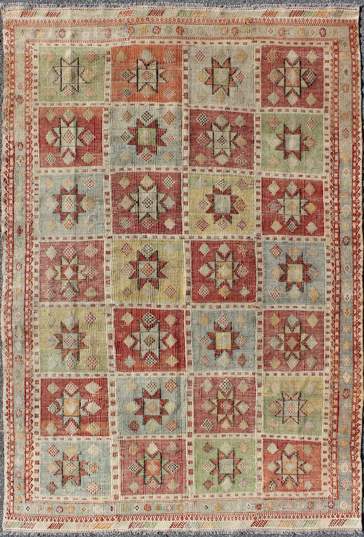 Midcentury Geometric Checkerboard Embroidered Flat - Weave Kilim Rug with Stars kwarugs Midcentury Geometric checkerboard Turkish embroidered flat - weave rug with stars. Vintage Geometric checkerboard Turkish Kilim rug with multicolored stars, Keiv... - Keivan Woven ArtsTU - NED - 1112 - 9188Rug