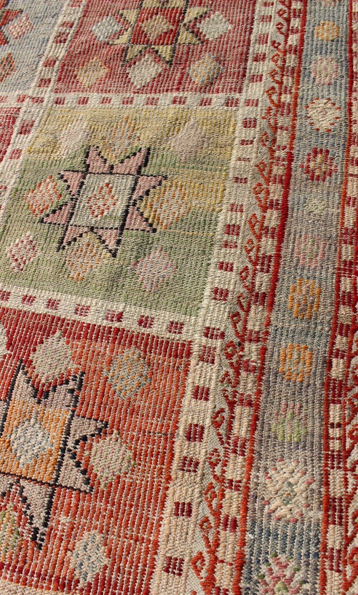 Midcentury Geometric Checkerboard Embroidered Flat - Weave Kilim Rug with Stars kwarugs Midcentury Geometric checkerboard Turkish embroidered flat - weave rug with stars. Vintage Geometric checkerboard Turkish Kilim rug with multicolored stars, Keiv... - Keivan Woven ArtsTU - NED - 1112 - 9188Rug