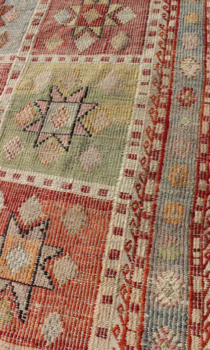 Midcentury Geometric Checkerboard Embroidered Flat - Weave Kilim Rug with Stars kwarugs Midcentury Geometric checkerboard Turkish embroidered flat - weave rug with stars. Vintage Geometric checkerboard Turkish Kilim rug with multicolored stars, Keiv... - Keivan Woven ArtsTU - NED - 1112 - 9188Rug