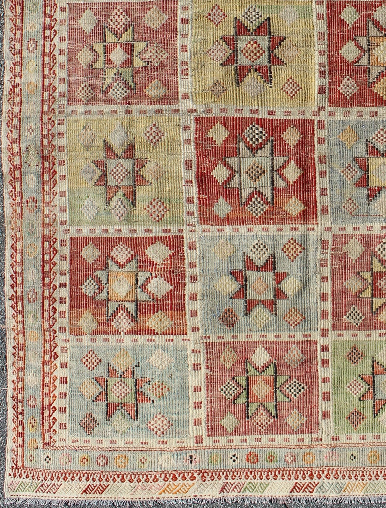 Midcentury Geometric Checkerboard Embroidered Flat - Weave Kilim Rug with Stars kwarugs Midcentury Geometric checkerboard Turkish embroidered flat - weave rug with stars. Vintage Geometric checkerboard Turkish Kilim rug with multicolored stars, Keiv... - Keivan Woven ArtsTU - NED - 1112 - 9188Rug