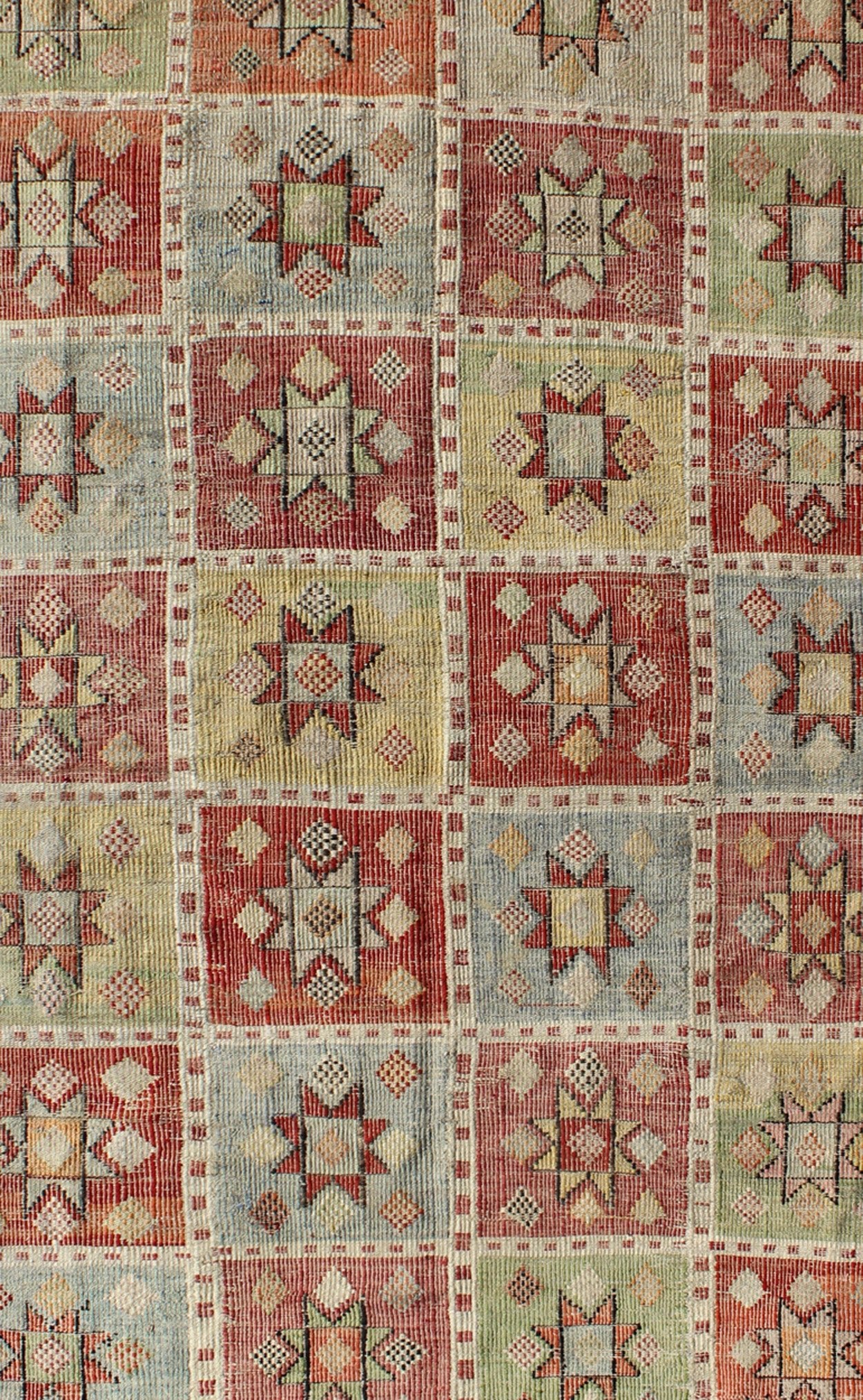 Midcentury Geometric Checkerboard Embroidered Flat - Weave Kilim Rug with Stars kwarugs Midcentury Geometric checkerboard Turkish embroidered flat - weave rug with stars. Vintage Geometric checkerboard Turkish Kilim rug with multicolored stars, Keiv... - Keivan Woven ArtsTU - NED - 1112 - 9188Rug