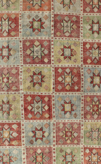 Midcentury Geometric Checkerboard Embroidered Flat - Weave Kilim Rug with Stars kwarugs Midcentury Geometric checkerboard Turkish embroidered flat - weave rug with stars. Vintage Geometric checkerboard Turkish Kilim rug with multicolored stars, Keiv... - Keivan Woven ArtsTU - NED - 1112 - 9188Rug