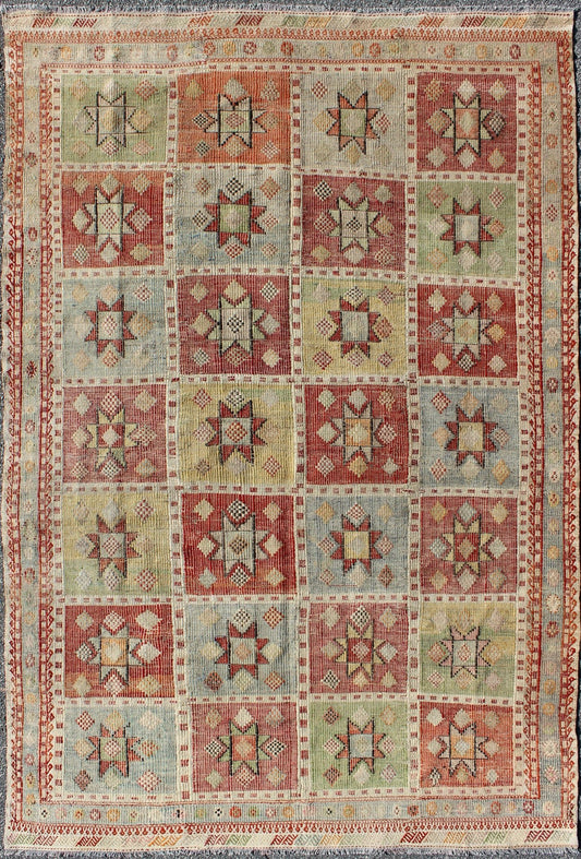 Midcentury Geometric Checkerboard Embroidered Flat - Weave Kilim Rug with Stars kwarugs Midcentury Geometric checkerboard Turkish embroidered flat - weave rug with stars. Vintage Geometric checkerboard Turkish Kilim rug with multicolored stars, Keiv... - Keivan Woven ArtsTU - NED - 1112 - 9188