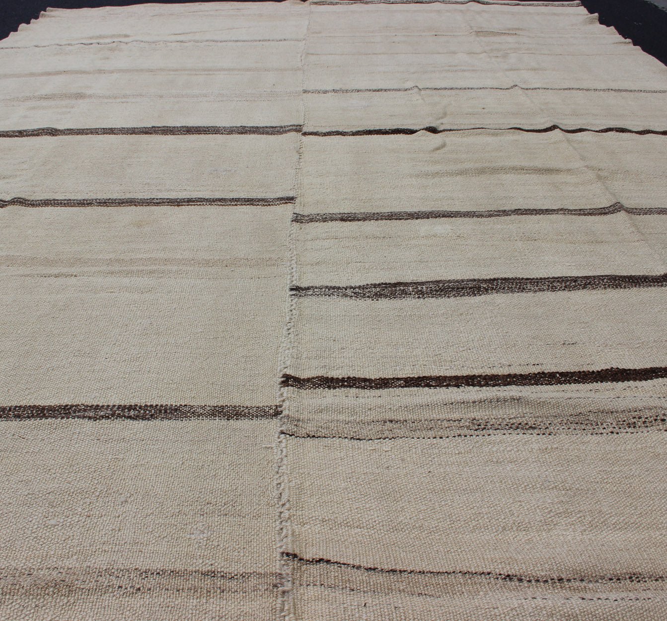 Brown and Cream Horizontal Stripe Vintage Turkish Kilim Rug of Two Panels kwarugs Brown and cream horizontal stripe vintage Turkish Kilim rug of two panels, rug tu - ned - 1113, country of origin / type: Turkey / Kilim, circa 1950 Made from t... - Keivan Woven ArtsTU - NED - 1113 - 8940Rug