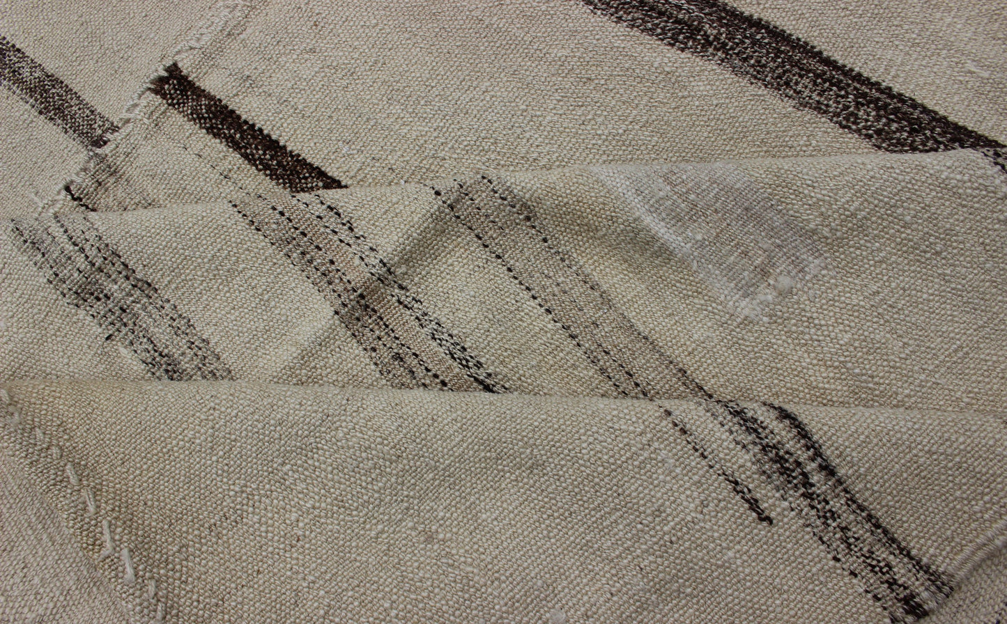 Brown and Cream Horizontal Stripe Vintage Turkish Kilim Rug of Two Panels kwarugs Brown and cream horizontal stripe vintage Turkish Kilim rug of two panels, rug tu - ned - 1113, country of origin / type: Turkey / Kilim, circa 1950 Made from t... - Keivan Woven ArtsTU - NED - 1113 - 8940Rug