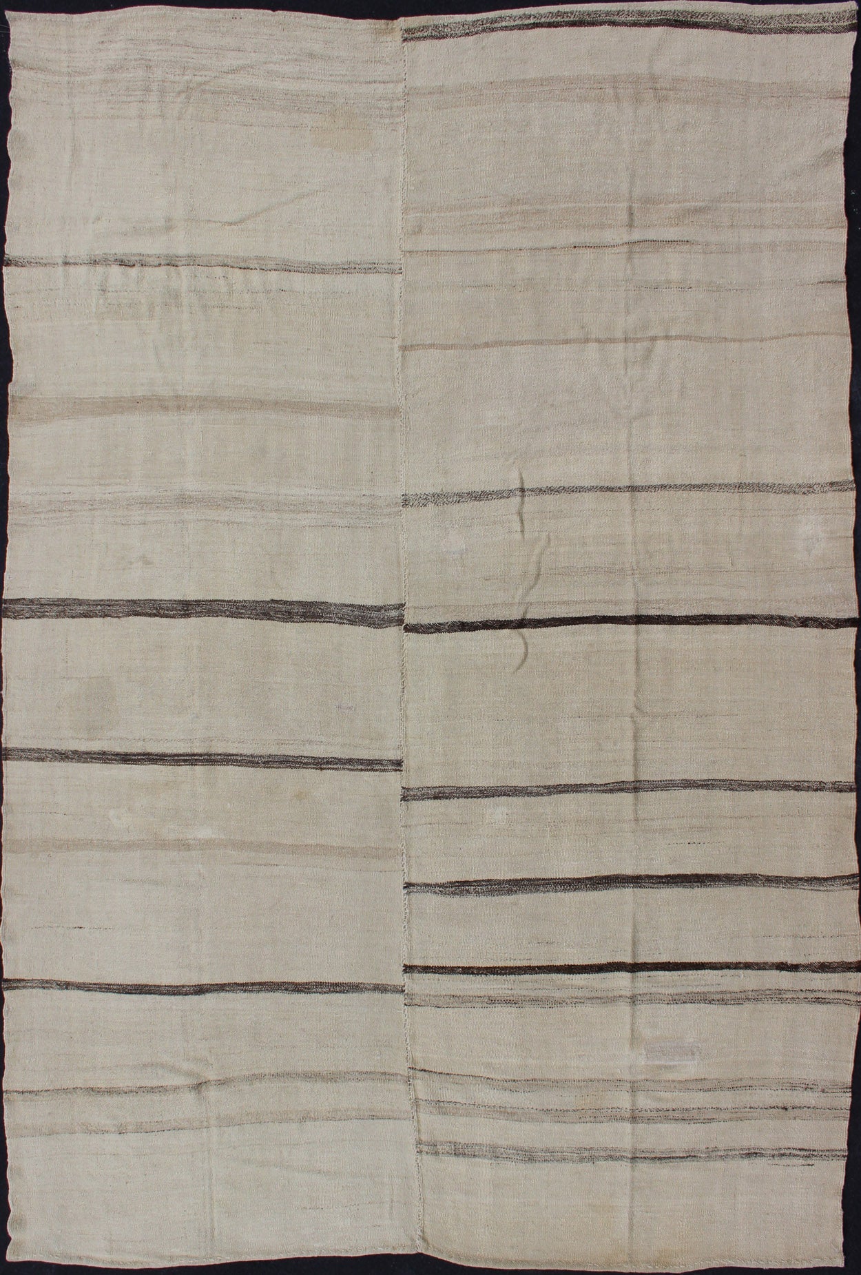Brown and Cream Horizontal Stripe Vintage Turkish Kilim Rug of Two Panels kwarugs Brown and cream horizontal stripe vintage Turkish Kilim rug of two panels, rug tu - ned - 1113, country of origin / type: Turkey / Kilim, circa 1950 Made from t... - Keivan Woven ArtsTU - NED - 1113 - 8940Rug