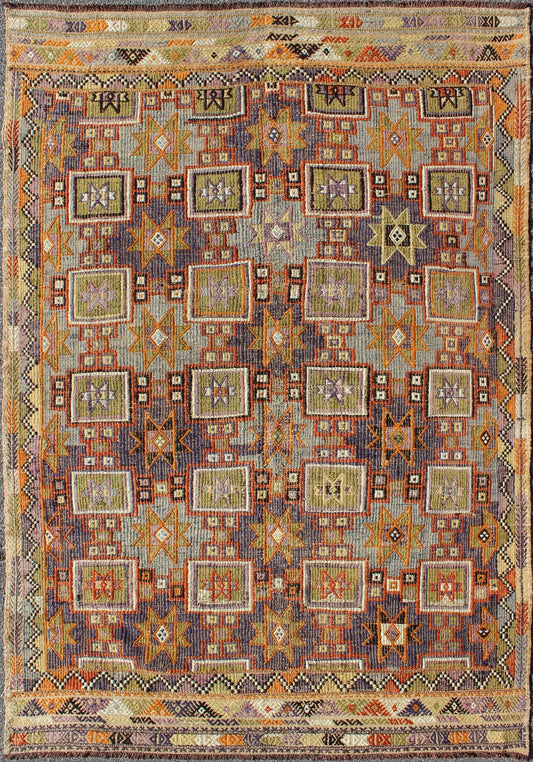 Grayish Blue Background Geometric Turkish Vintage Kilim Midcentury Rug kwarugs Grayish blue background geometric Turkish Oushak midcentury rug. Keivan Woven Arts / rug TU - NED - 1114, country of origin / type: Turkey / Oushak, circa 1950 Measure... - Keivan Woven ArtsTU - NED - 1114 - 8935