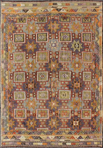 Grayish Blue Background Geometric Turkish Vintage Kilim Midcentury Rug kwarugs Grayish blue background geometric Turkish Oushak midcentury rug. Keivan Woven Arts / rug TU - NED - 1114, country of origin / type: Turkey / Oushak, circa 1950 Measure... - Keivan Woven ArtsTU - NED - 1114 - 8935Rug
