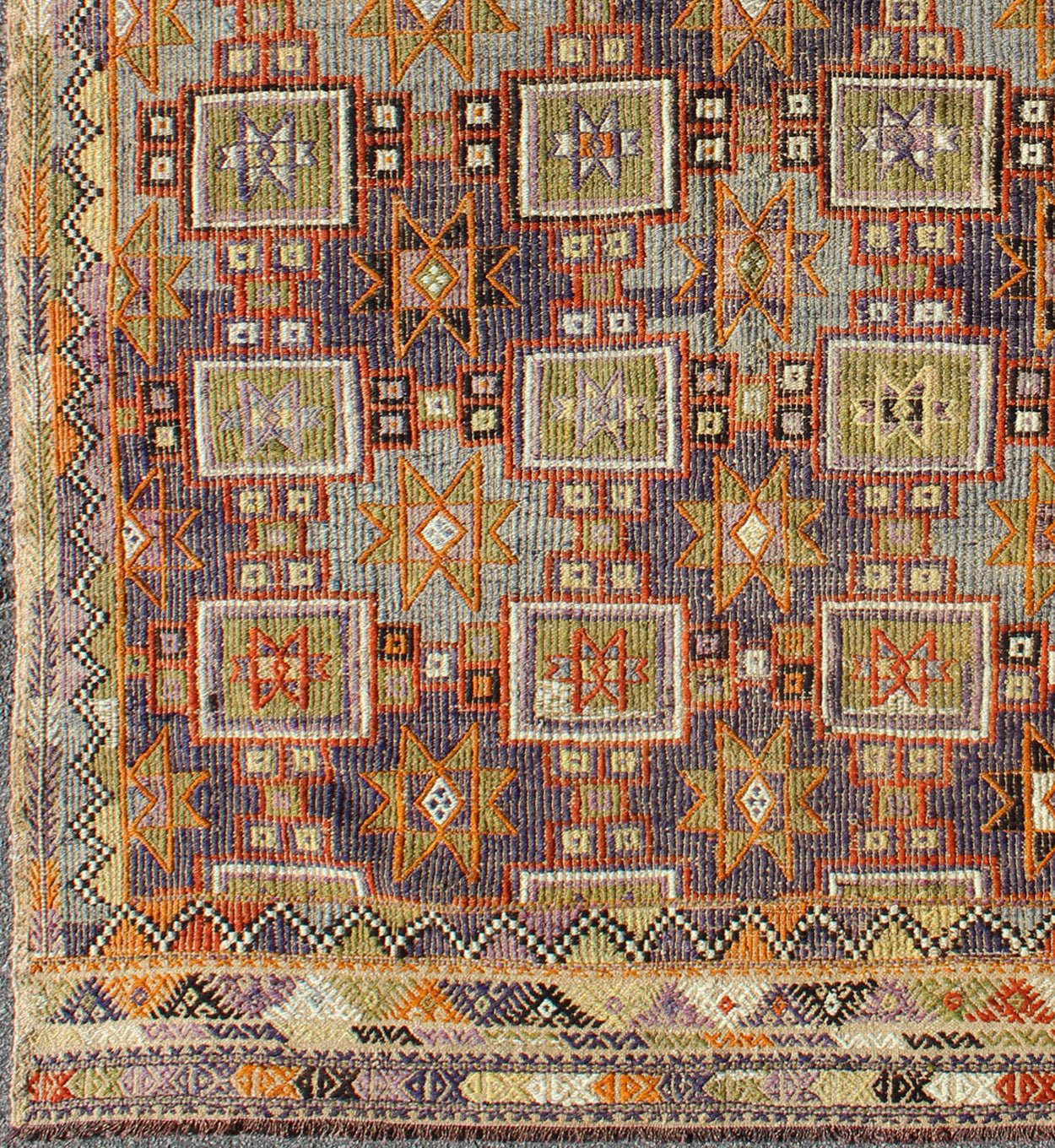 Grayish Blue Background Geometric Turkish Vintage Kilim Midcentury Rug kwarugs Grayish blue background geometric Turkish Oushak midcentury rug. Keivan Woven Arts / rug TU - NED - 1114, country of origin / type: Turkey / Oushak, circa 1950 Measure... - Keivan Woven ArtsTU - NED - 1114 - 8935Rug