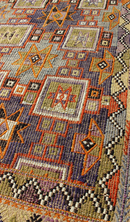 Grayish Blue Background Geometric Turkish Vintage Kilim Midcentury Rug kwarugs Grayish blue background geometric Turkish Oushak midcentury rug. Keivan Woven Arts / rug TU - NED - 1114, country of origin / type: Turkey / Oushak, circa 1950 Measure... - Keivan Woven ArtsTU - NED - 1114 - 8935Rug