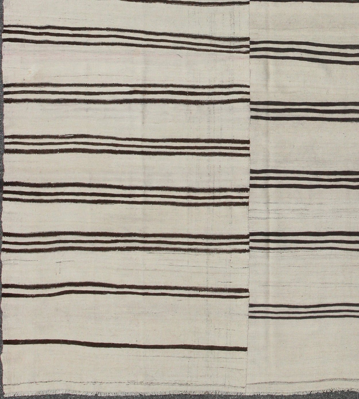 Large Two Paneled Vintage Turkish Kilim Rug with Stripes in Cream and Brown Stripes. Flat - weave Kilim vintage rug from Turkey with stripes in brown, black and cream. Rug/TU - NED - 1117, country of origin / type: Turkey / Kilim, circa 1950 Woven ... - Keivan Woven ArtsTU - NED - 1117 - 9196Rug