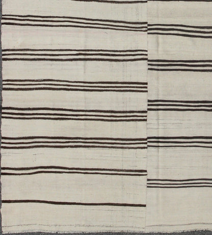 Large Two Paneled Vintage Turkish Kilim Rug with Stripes in Cream and Brown Stripes. Flat - weave Kilim vintage rug from Turkey with stripes in brown, black and cream. Rug/TU - NED - 1117, country of origin / type: Turkey / Kilim, circa 1950 Woven ... - Keivan Woven ArtsTU - NED - 1117 - 9196Rug