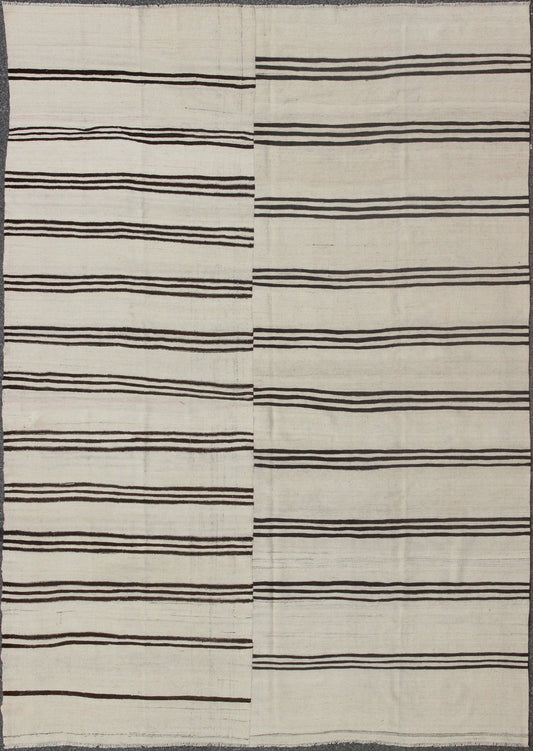 Large Two Paneled Vintage Turkish Kilim Rug with Stripes in Cream and Brown Stripes. Flat - weave Kilim vintage rug from Turkey with stripes in brown, black and cream. Rug/TU - NED - 1117, country of origin / type: Turkey / Kilim, circa 1950 Woven ... - Keivan Woven ArtsTU - NED - 1117 - 9196