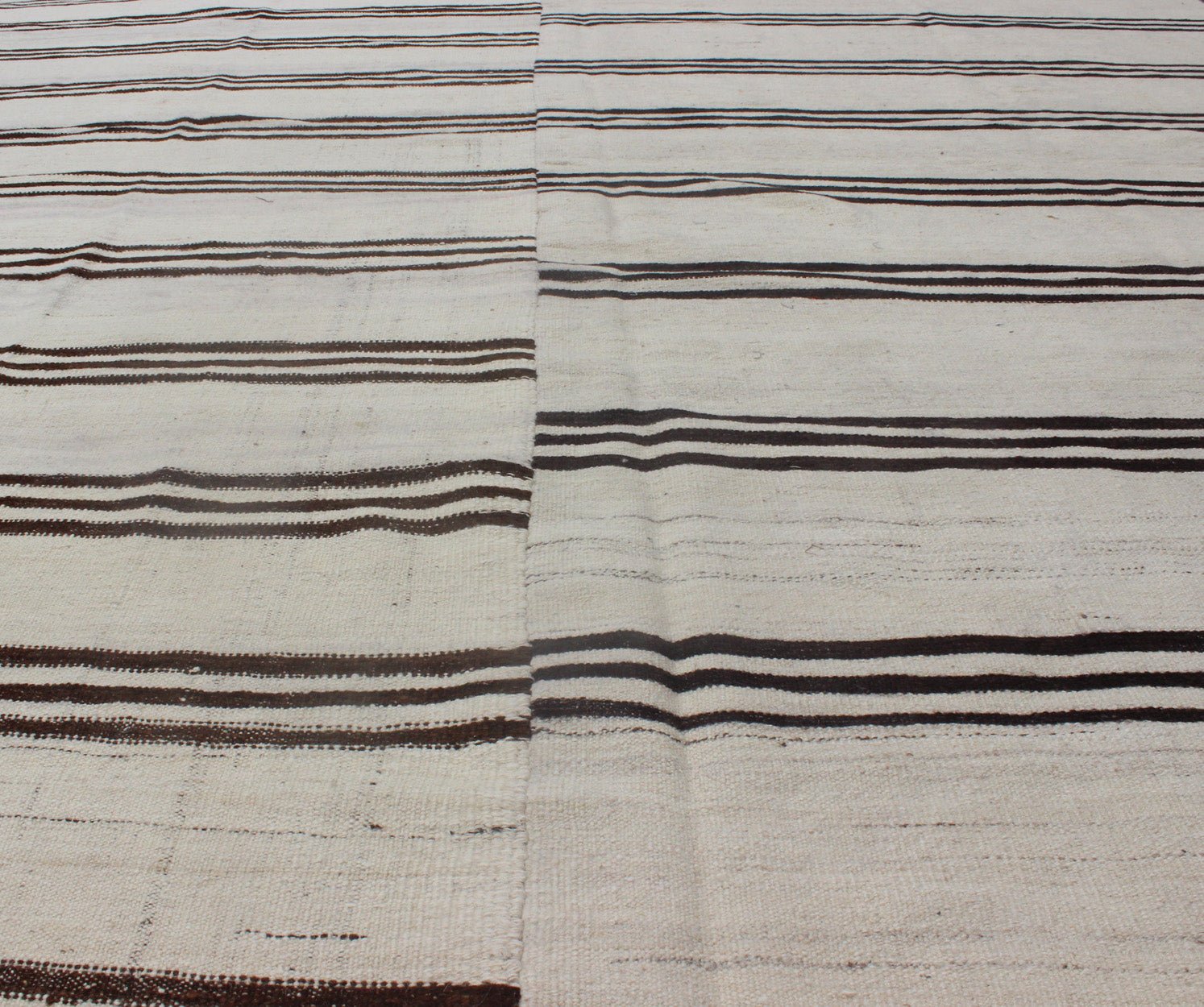 Large Two Paneled Vintage Turkish Kilim Rug with Stripes in Cream and Brown Stripes. Flat - weave Kilim vintage rug from Turkey with stripes in brown, black and cream. Rug/TU - NED - 1117, country of origin / type: Turkey / Kilim, circa 1950 Woven ... - Keivan Woven ArtsTU - NED - 1117 - 9196Rug