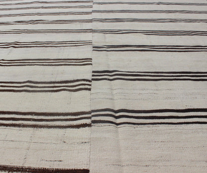 Large Two Paneled Vintage Turkish Kilim Rug with Stripes in Cream and Brown Stripes. Flat - weave Kilim vintage rug from Turkey with stripes in brown, black and cream. Rug/TU - NED - 1117, country of origin / type: Turkey / Kilim, circa 1950 Woven ... - Keivan Woven ArtsTU - NED - 1117 - 9196Rug
