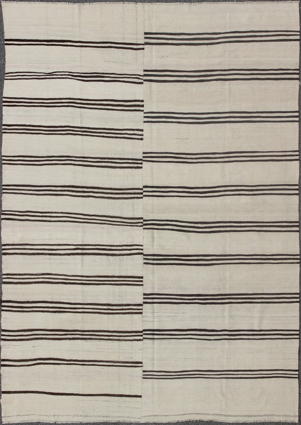 Large Two Paneled Vintage Turkish Kilim Rug with Stripes in Cream and Brown Stripes. Flat - weave Kilim vintage rug from Turkey with stripes in brown, black and cream. Rug/TU - NED - 1117, country of origin / type: Turkey / Kilim, circa 1950 Woven ... - Keivan Woven ArtsTU - NED - 1117 - 9196Rug