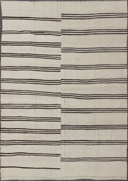 Large Two Paneled Vintage Turkish Kilim Rug with Stripes in Cream and Brown Stripes. Flat - weave Kilim vintage rug from Turkey with stripes in brown, black and cream. Rug/TU - NED - 1117, country of origin / type: Turkey / Kilim, circa 1950 Woven ... - Keivan Woven ArtsTU - NED - 1117 - 9196Rug