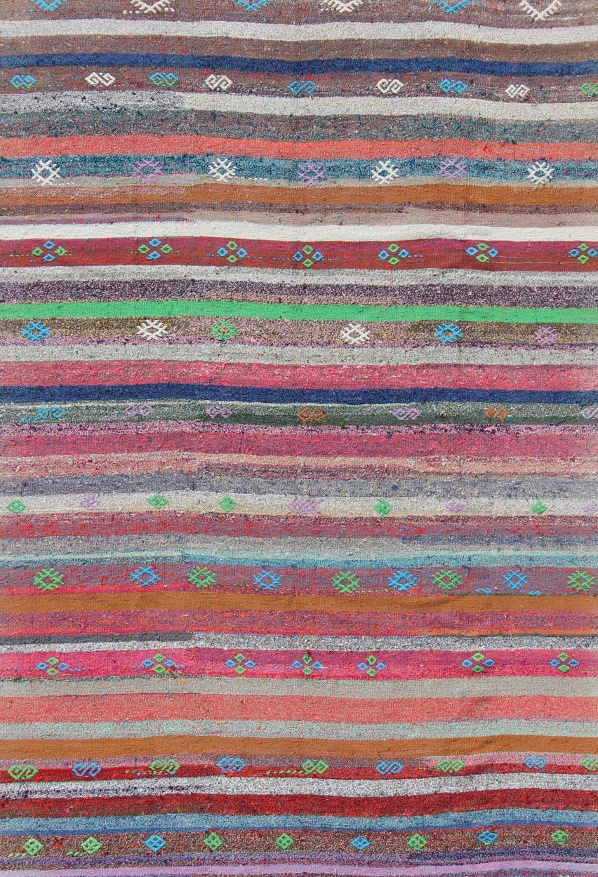 Vintage Turkish Kilim Flat - Weave Rug With Colorful Strips in Bright Colors. Colorful striped vintage Turkish Kilim flat - weave rug in bright colors Playful stripe design with geometric motifs flat - woven Kilim Turkish rug, rug tu - ned - 1118, coun... - Keivan Woven ArtsTU - NED - 1118 - 11080Rug