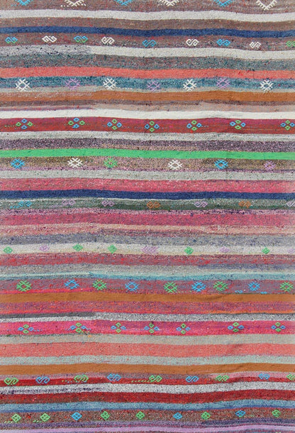 Vintage Turkish Kilim Flat - Weave Rug With Colorful Strips in Bright Colors. Colorful striped vintage Turkish Kilim flat - weave rug in bright colors Playful stripe design with geometric motifs flat - woven Kilim Turkish rug, rug tu - ned - 1118, coun... - Keivan Woven ArtsTU - NED - 1118 - 11080Rug