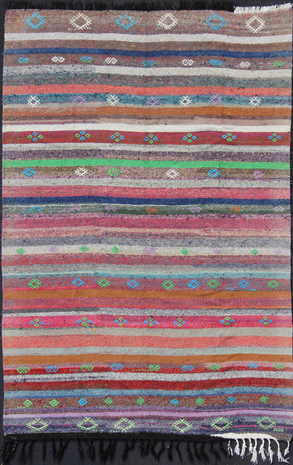 Vintage Turkish Kilim Flat - Weave Rug With Colorful Strips in Bright Colors. Colorful striped vintage Turkish Kilim flat - weave rug in bright colors Playful stripe design with geometric motifs flat - woven Kilim Turkish rug, rug tu - ned - 1118, coun... - Keivan Woven ArtsTU - NED - 1118 - 11080Rug