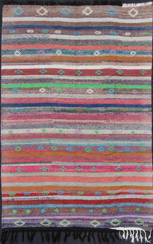 Vintage Turkish Kilim Flat - Weave Rug With Colorful Strips in Bright Colors. Colorful striped vintage Turkish Kilim flat - weave rug in bright colors Playful stripe design with geometric motifs flat - woven Kilim Turkish rug, rug tu - ned - 1118, coun... - Keivan Woven ArtsTU - NED - 1118 - 11080Rug