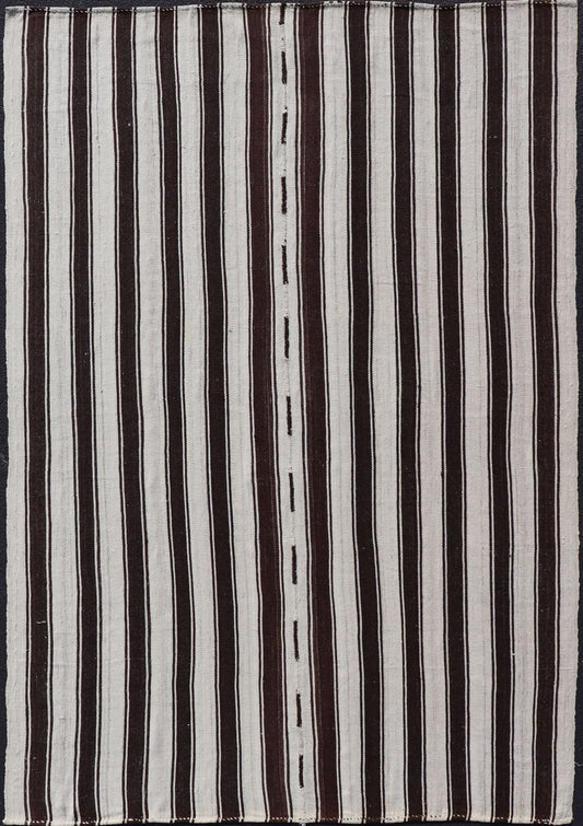 Vintage Turkish Kilim Rug with Vertical Stripes in Chocolate Brown and Cream Flat - weave vintage Kilim vintage rug from Turkey with vertical stripes in dark brown and cream. Rug TU - NED - 1123, country of origin / type: Turkey / Kilim, circa 1950 ... - Keivan Woven ArtsTU - NED - 1123 - 14520