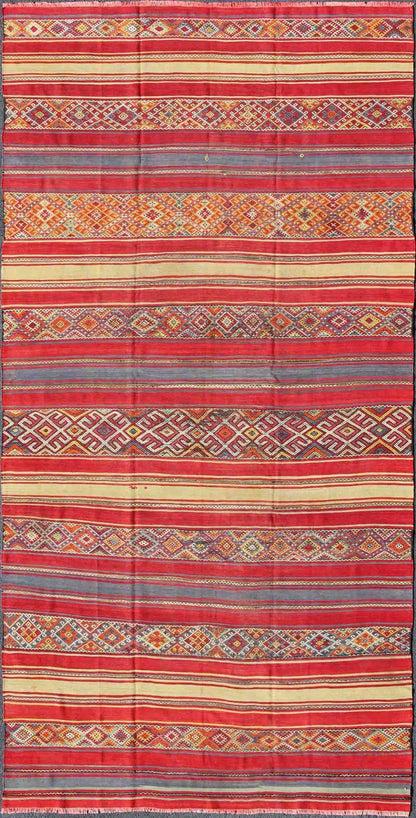 Turkish Kilim with Multicolored Stripes of Various Patterns rug - tu - ned - 113 origin/ Turkey Long Turkish Kilim with Multicolored Stripes of Various Patterns and Designs: This vintage Kilim carpet from Mid - Century Turkey features a stripe pattern... - Keivan Woven ArtsTU - NED - 113 - 3932Rug