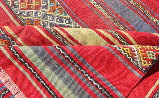 Turkish Kilim with Multicolored Stripes of Various Patterns rug - tu - ned - 113 origin/ Turkey Long Turkish Kilim with Multicolored Stripes of Various Patterns and Designs: This vintage Kilim carpet from Mid - Century Turkey features a stripe pattern... - Keivan Woven ArtsTU - NED - 113 - 3932Rug